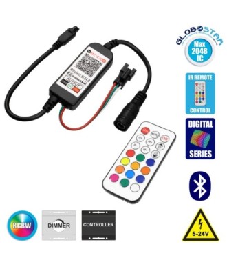 GloboStar® 73449 Ασύρματος Bluetooth LED RGBW Dream-Color Magic Digital Controller με Χειριστήριο IR για LED Digital RGBW Προϊόντα DC 5-24V Max 2048 IC